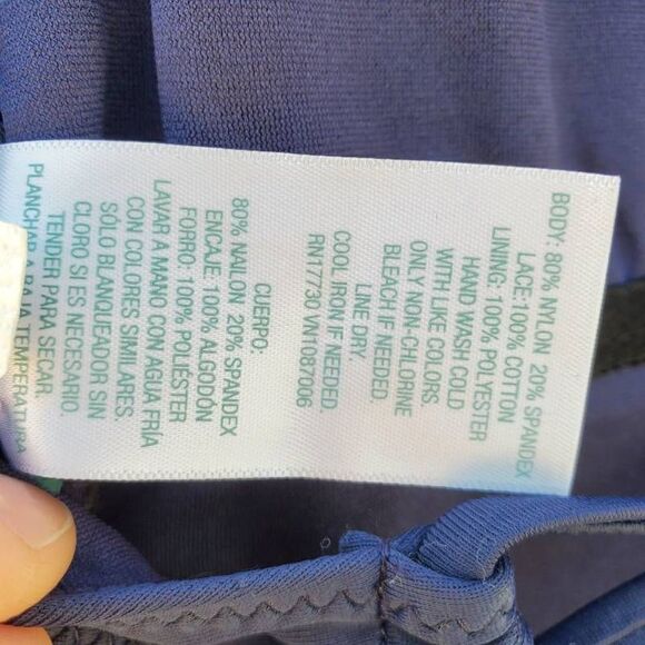 Kona Sol One Piece Swimsuit Navy Embroidered Plunge Bust Strappy Halter S New - Picture 7 of 8